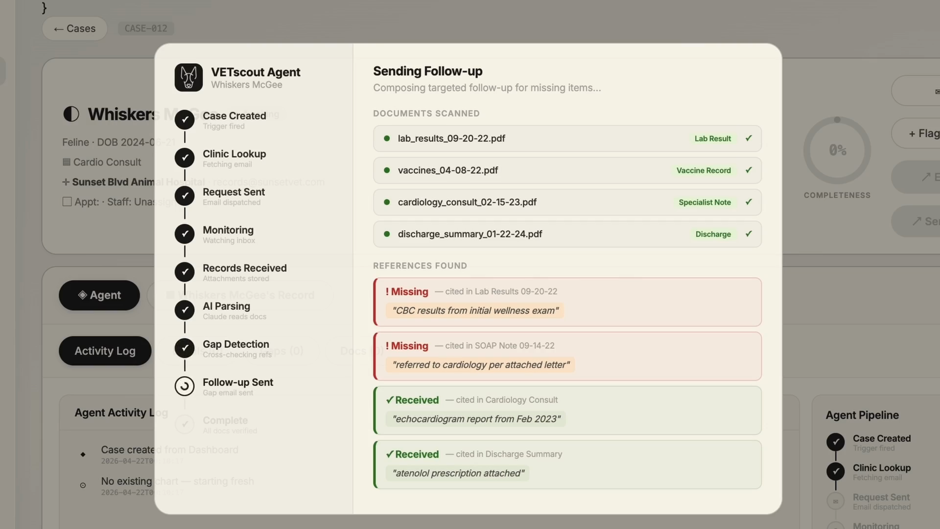 VETscout reviewing records, parsing documents, and flagging missing items